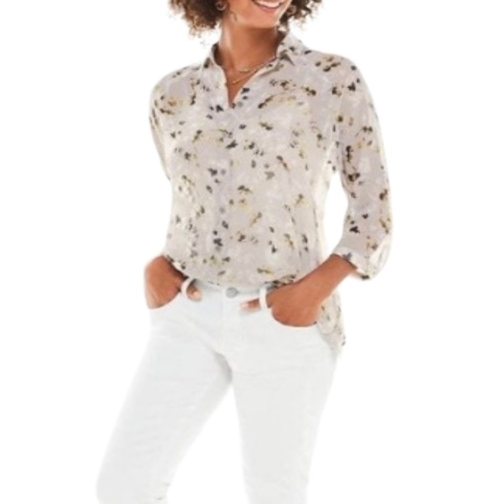 CAbi Matinee Gray Sheer Floral Top XS